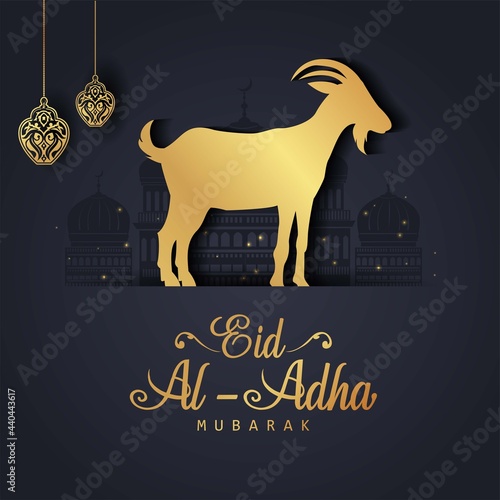 Eid Mubarak for the celebration of Muslim community festival Eid Al Adha. Greeting card with sacrificial sheep and crescent on black background. Vector illustration design.