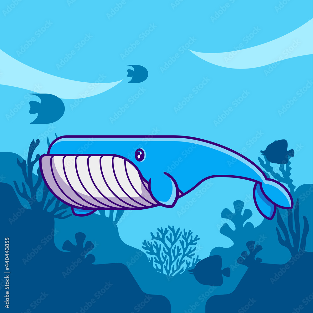 Obraz premium Cute Blue whale marine animal in ocean Vector Cartoon Illustrations for World Ocean Day