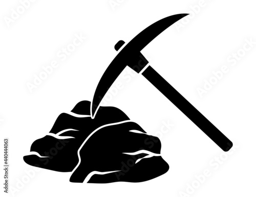 Mining pickaxe tool hitting rock vector icon