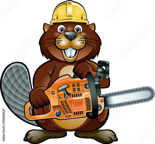 cartoon beaver wearing safety helmet and holding chainsaw