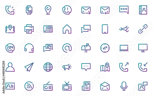 set of contact line icons, communications, mail, location, social