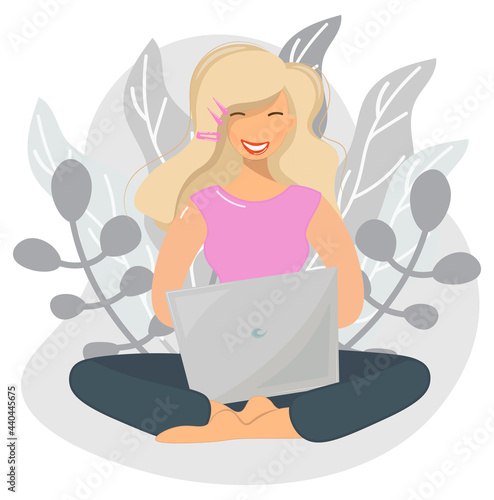 Woman sitting with laptop. Blonde girl in lotus position works on a computer, freelancer. Vector illustration for web design in cartoon flat style. Online learning concept, work from home anywhere.