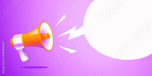 realistic style megaphone with blank bubble chat copy space vector Illustration on purple banner background, concept of join us, job vacancy and announcement in modern flat cartoon style design 