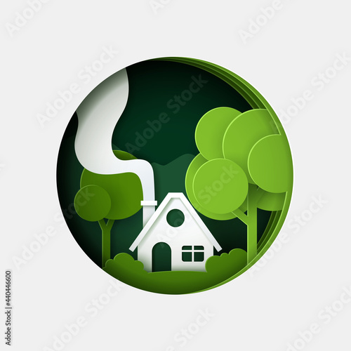 Vector and digital craft style of nature landscape with house, Green eco concept.
