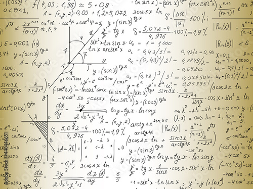 Scientific math vector seamless pattern with handwritten algebra formulas, figures and equations, old paper effect