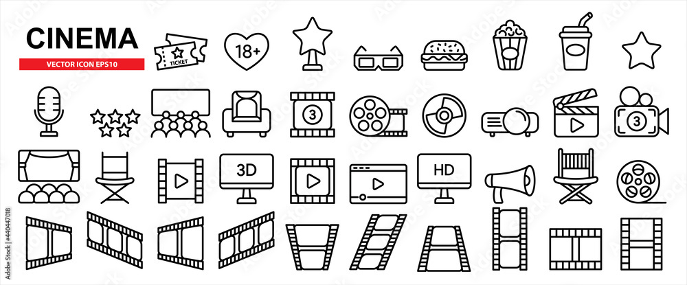 Cinema icons set vector illustration. Contains such icon as film, movie, tv, video and more.