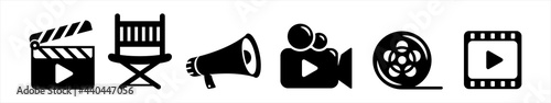 Cinema icons - Film Clapper, Camera, Film reel, Video. Cinema symbol. Vector illustration