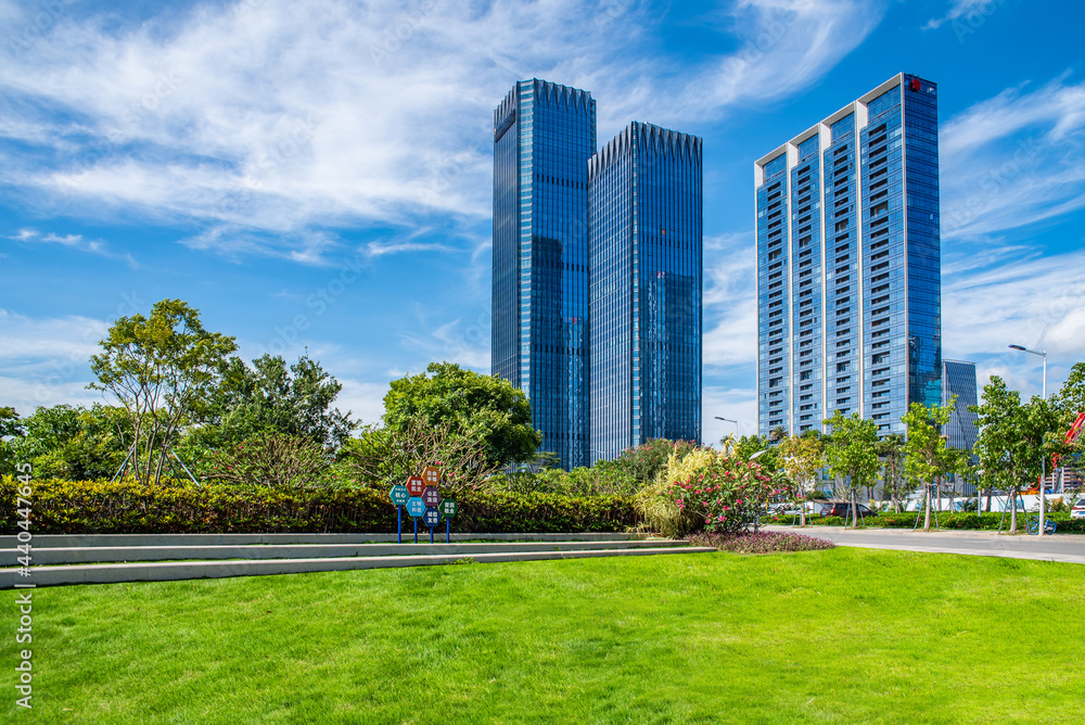 Building scenery and large lawn in Qianhai CBD, Shenzhen, China