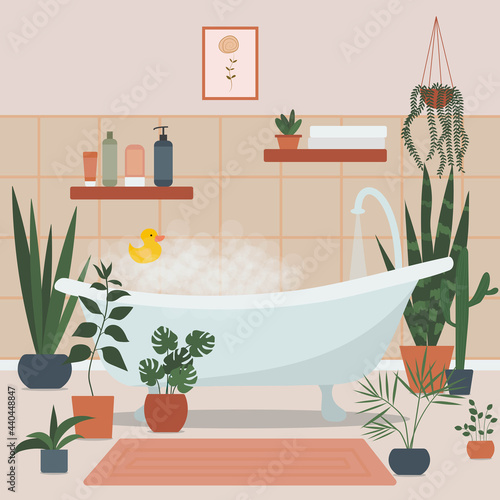 Cozy bathroom interior with bath full of foam and bath accessories, and plants growing in pots. Foamy bathtub in cozy room. Flat vector illustration.