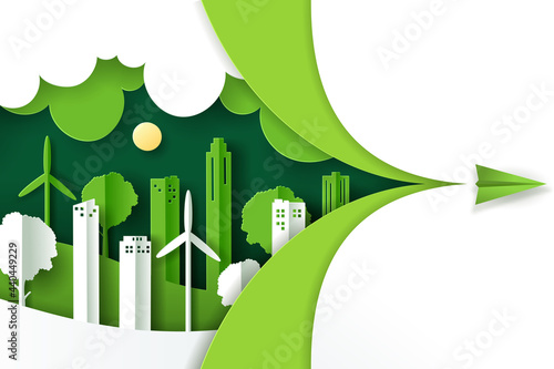 Vector illustration of landscape with green eco urban city, Earth day and world environment day concept.