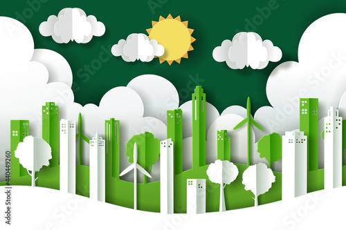 Vector illustration of landscape with green eco urban city, Earth day and world environment day concept.