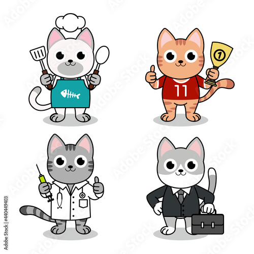 Vector illustration of cute cats in kitchener, doctor, busineesman and athlete character.