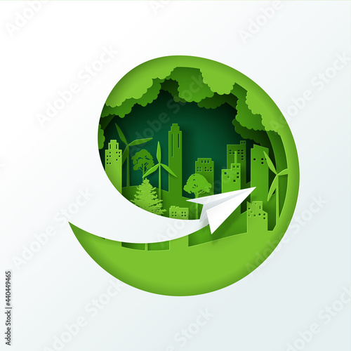 Vector illustration of landscape with green eco urban city, Earth day and world environment day concept.