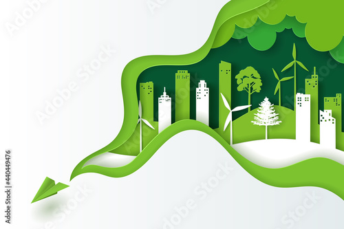 Vector illustration of landscape with green eco urban city, Earth day and world environment day concept.