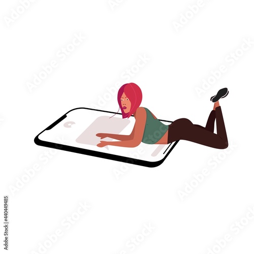 a stylish girl lies on a huge phone and conducts SMS correspondence with friends. Flat illustration