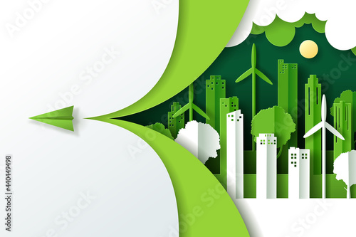 Vector illustration of landscape with green eco urban city, Earth day and world environment day concept.