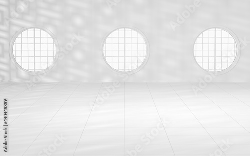 Empty white room with round window, 3d rendering.