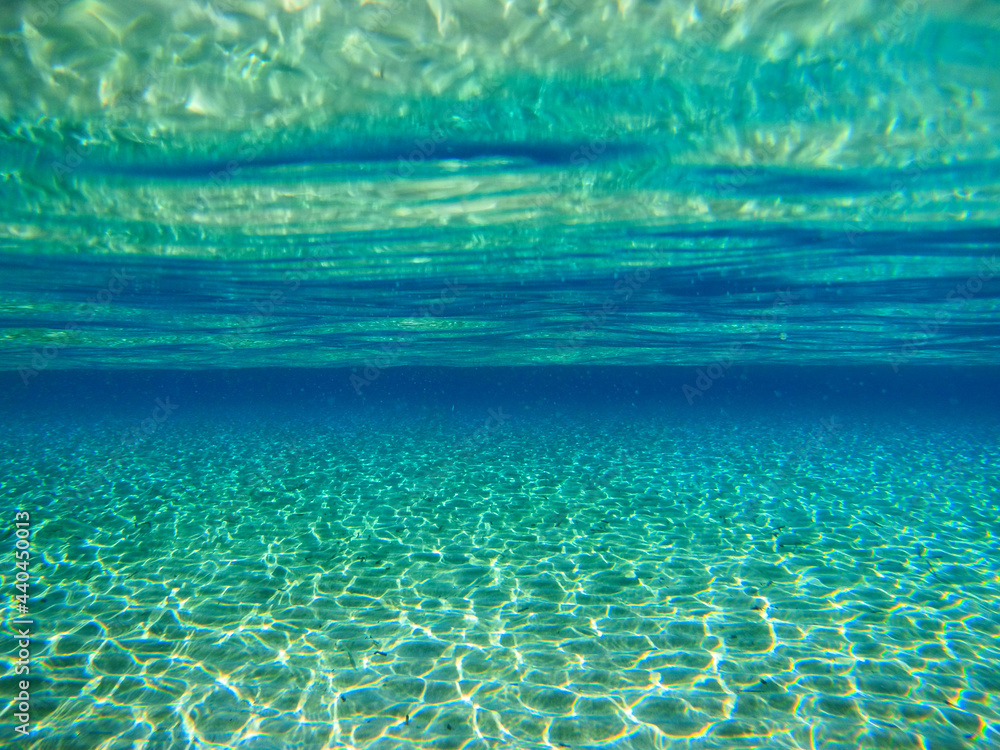 Underwater view of the turquoise, crystal clear waters at Pori beach, in Koufonisi island, Cyclades islands, Greece, Europe. 