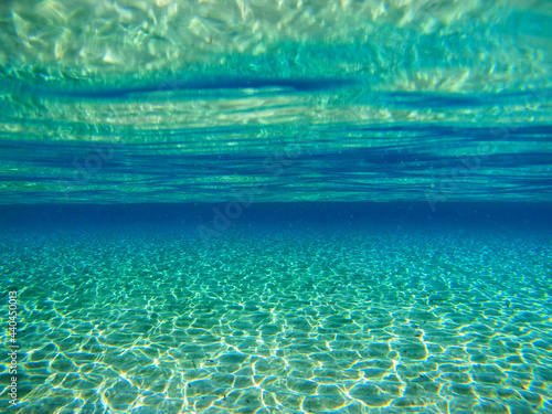 Underwater view of the turquoise, crystal clear waters at Pori beach, in Koufonisi island, Cyclades islands, Greece, Europe. 