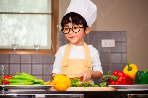 Asian Boy son cooking salad food holdind wooden spoon with vegetable holding tomatoes and carrots, bell peppers on plate for happy family cook food enjoyment lifestyle kitchen in home