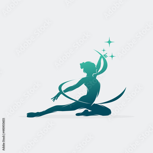 Young gymnast woman dance with ribbon logo