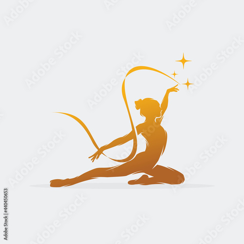 Young gymnast woman dance with ribbon logo