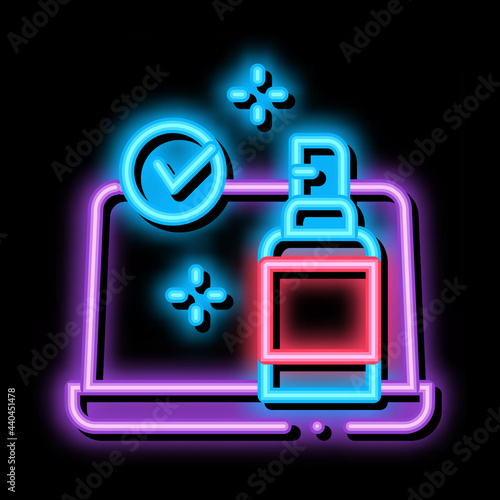 laptop disinfection neon light sign vector. Glowing bright icon laptop disinfection sign. transparent symbol illustration