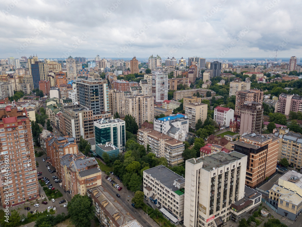 Fototapeta premium Houses in the center in Kiev. Aerial drone view.