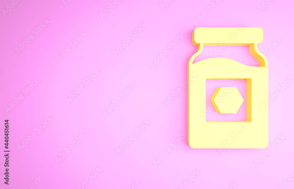 Yellow Jar of honey icon isolated on pink background. Food bank. Sweet natural food symbol. Minimalism concept. 3d illustration 3D render Yellow Jar of honey icon isolated on pink background. Food bank. Sweet natural food symbol. Minimalism concept. 3d illustration 3D render