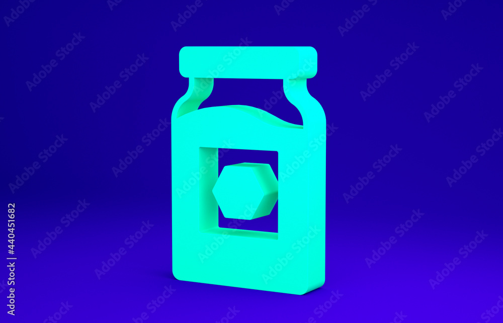 Green Jar of honey icon isolated on blue background. Food bank. Sweet natural food symbol. Minimalism concept. 3d illustration 3D render Green Jar of honey icon isolated on blue background. Food bank. Sweet natural food symbol. Minimalism concept. 3d illustration 3D render
