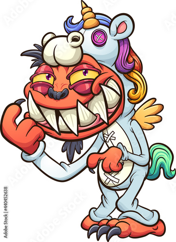 Orange monster wearing unicorn pajamas and smiling. Vector clip art illustration with simple gradients. All in a single layer. 