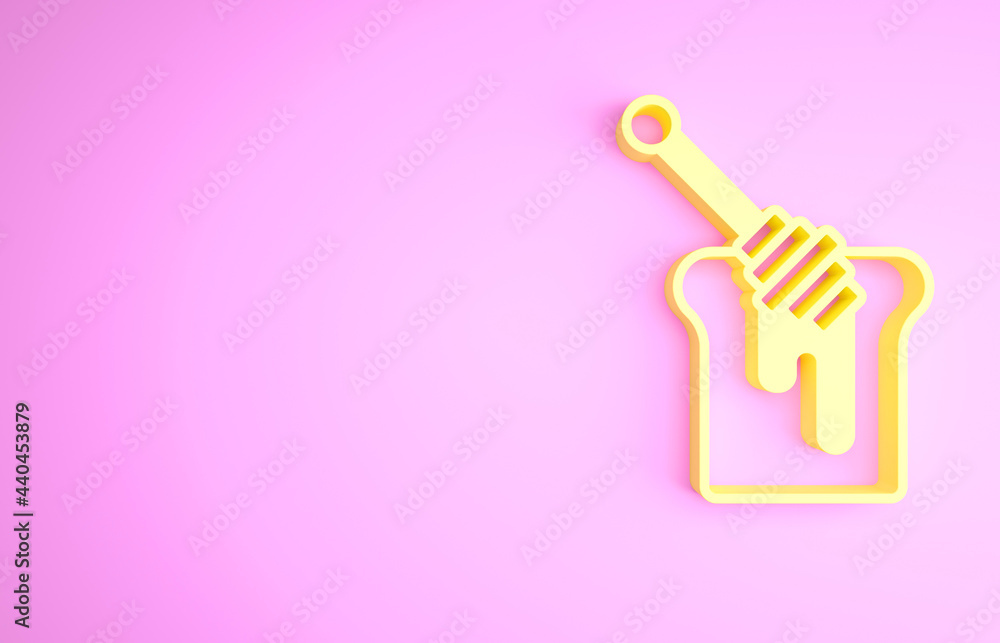 Yellow Honey dipper stick with dripping honey icon isolated on pink background. Honey ladle. Minimalism concept. 3d illustration 3D render Yellow Honey dipper stick with dripping honey icon isolated on pink background. Honey ladle. Minimalism concept. 3d illustration 3D render