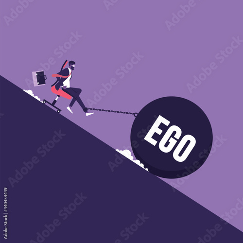 ego and selfishness, Businessman sitting in a chair and a heavy load of ego, pulling him into the abyss. Conceptual scene of selfishness