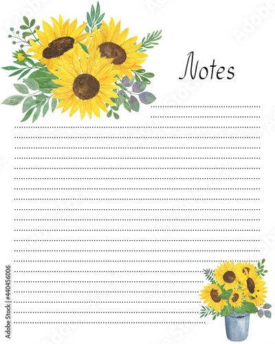 Fototapeta Naklejka Na Ścianę i Meble -  Notes blank page template with floral decoration watercolor illustration, yellow sunflowers, green leaves, flower bouquet printable personal diary