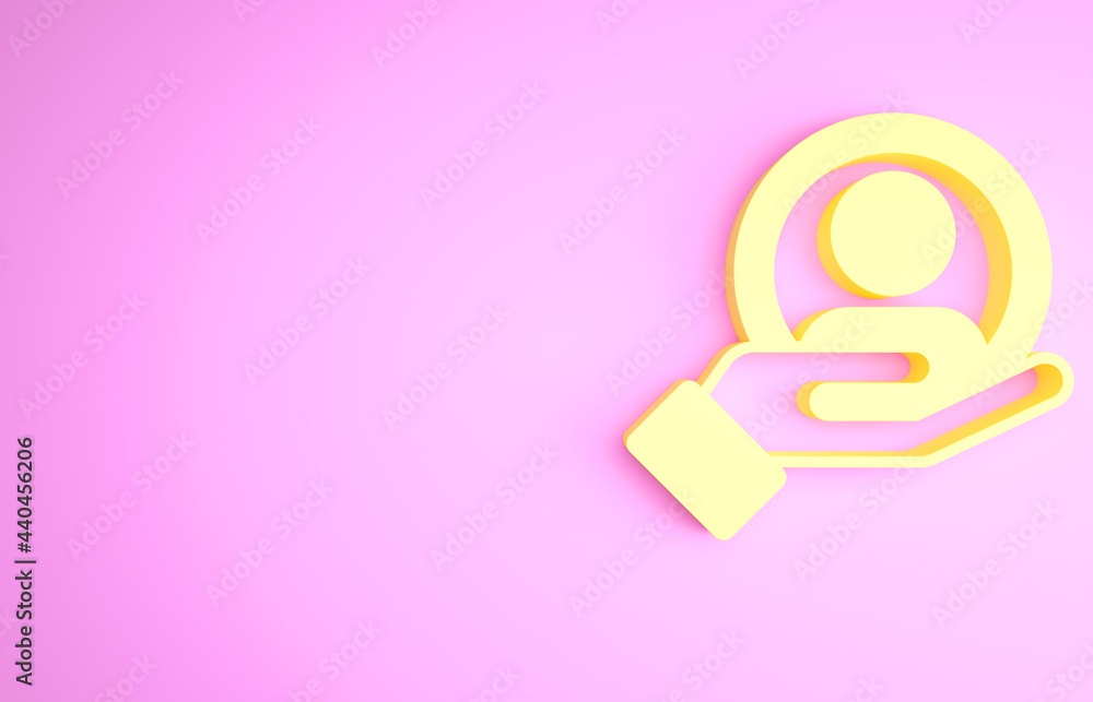 Yellow Hand for search a people icon isolated on pink background. Recruitment or selection concept. Search for employees and job. Minimalism concept. 3d illustration 3D render Yellow Hand for search a people icon isolated on pink background. Recruitment or selection concept. Search for employees and job. Minimalism concept. 3d illustration 3D render