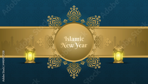 Islamic new year happy muharram blue background elegant style with golden ornament