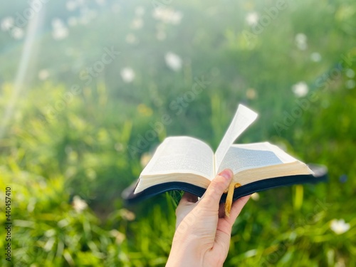Reading the Bible in a beautiful natural landscape with green grass background texture, connecting with God