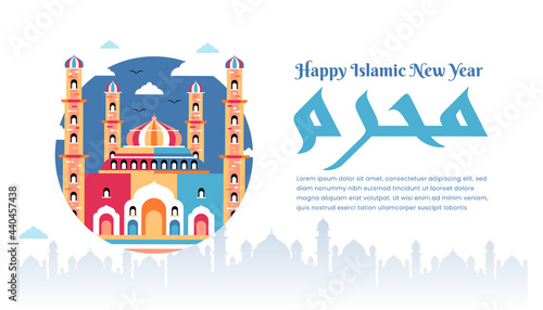 Islamic new year happy muharram with colorful mosque illustration