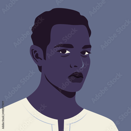 A portrait of a sad African man. A face of a student. Avatar for social networks. Depression and melancholy. Vector flat illustration.