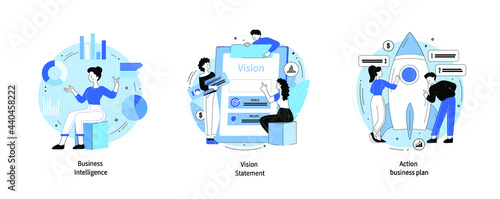 Scenes with people taking part in business activities. Trendy vector style. Abstract concept vector illustration set. Teamwork. Business intelligence, vision statement, action business plan