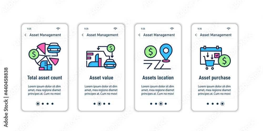 Asset management onboarding mobile app screens.Asset count, value, location, purchase. Control steps menu. Set of UI, UX, web template with RGB color linear icons