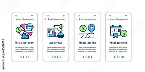 Asset management onboarding mobile app screens.Asset count, value, location, purchase. Control steps menu. Set of UI, UX, web template with RGB color linear icons