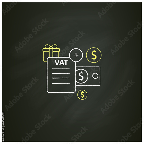 Value added tax chalk icon.Indirect tax,goods price. Paid by buyer. Universal basic income concept. Isolated vector illustration on chalkboard