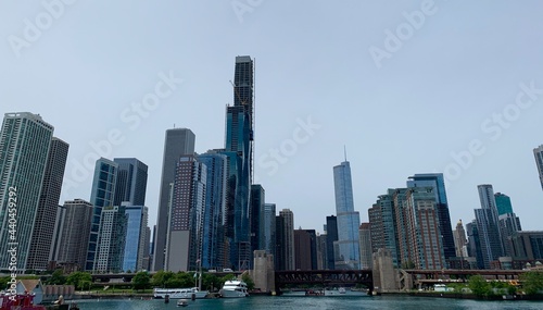 Chicago River Skyline on Cloudy Day Blue