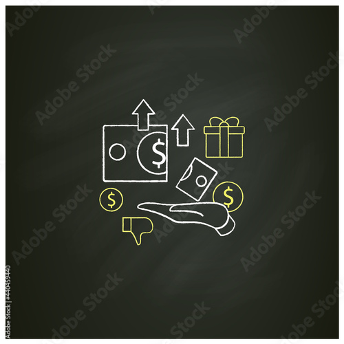Excessive cost chalk icon. Increasing product costs. Hand hold money.Universal basic income concept. Isolated vector illustration on chalkboard