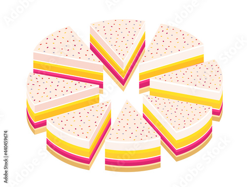 Pieces of pie cake. Cut cake and its slice parts split up. Isometric view. Vector illustration set.