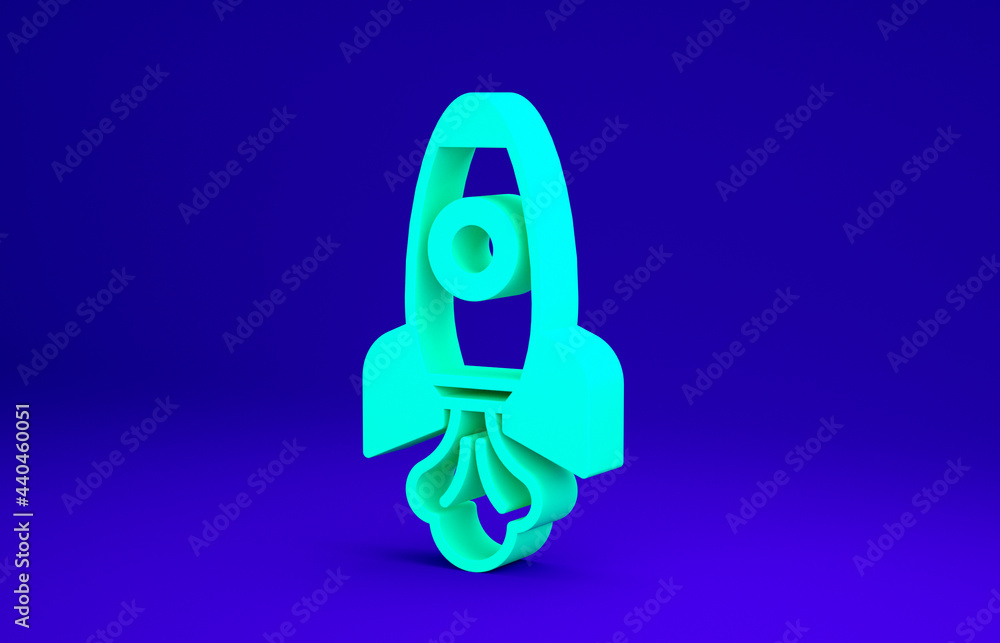 Green Rocket ship icon isolated on blue background. Space travel. Minimalism concept. 3d illustration 3D render Green Rocket ship icon isolated on blue background. Space travel. Minimalism concept. 3d illustration 3D render