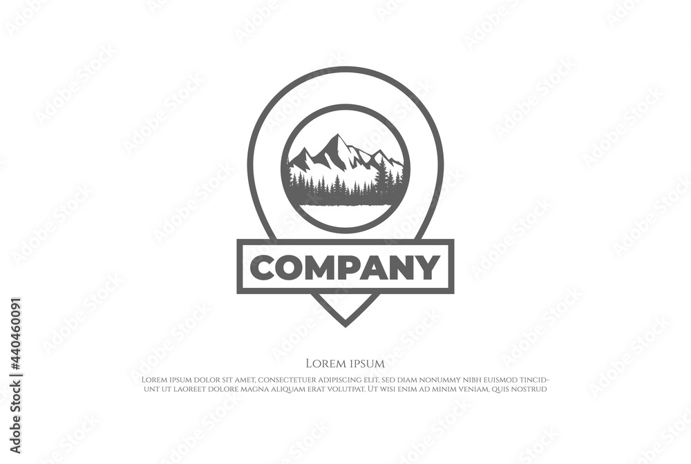 Mountain Forest Lake River with Pin Map Location for Travel Location Adventure Logo Design Vector Mountain Forest Lake River with Pin Map Location for Travel Location Adventure Logo Design Vector