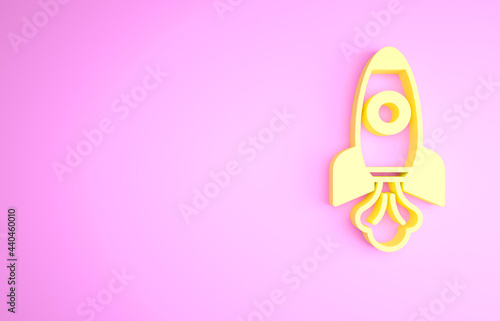 Yellow Rocket ship icon isolated on pink background. Space travel. Minimalism concept. 3d illustration 3D render