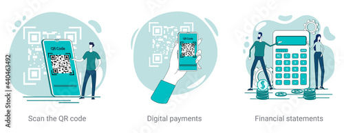 QR code scanning,digital payments, and financial calculations.A set of vector illustrations on a business theme.Abstract illustrations in green color.